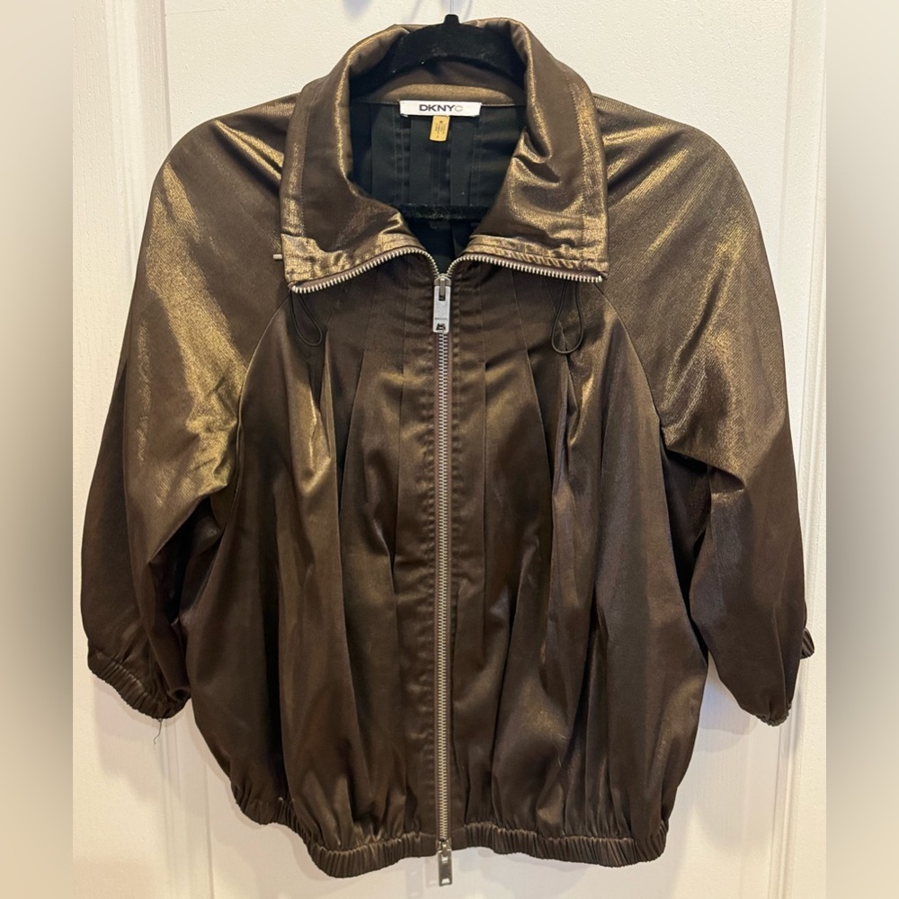 DKNY DKNYC Pleated Brown Satin Sheen Zip Jacket Medium